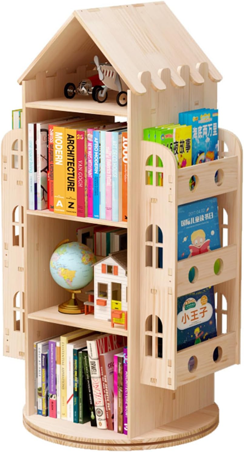 360° Display Standing Book Shelf Organizer,4 Tier Revolving Bookcase with Brake Wheels,360 Display Wood Spinning Bookshelf,Rotating Bookshelf for Kids' Room, StudyRoom, Bedroom, 23*23*48.75in
