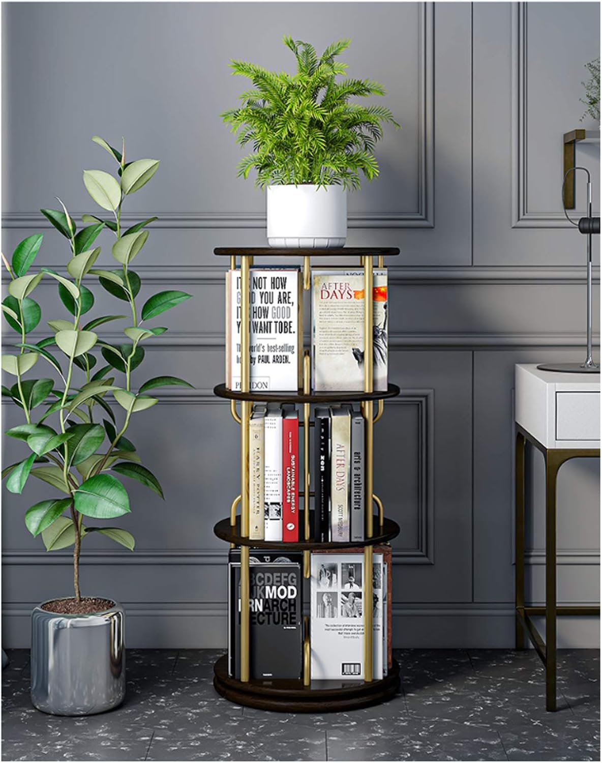 KIZQYN Bookcase Creative Revolving Bookcase Wood Partitions and Golden Metal Tubes Book Shelf Simple Floor-to-Ceiling Round Bookcase，Save Space Bookshelf (Color : Black Walnut, Size : 3-Shelf)