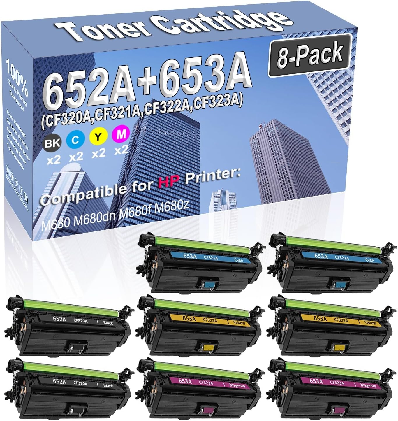 8-Pack (2BK/2C/2Y/2M) Compatible High Capacity 652A 653A (CF320A CF321A CF322A CF323A) Toner Cartridge Used for HP M680 M680dn M680f M680z Printer