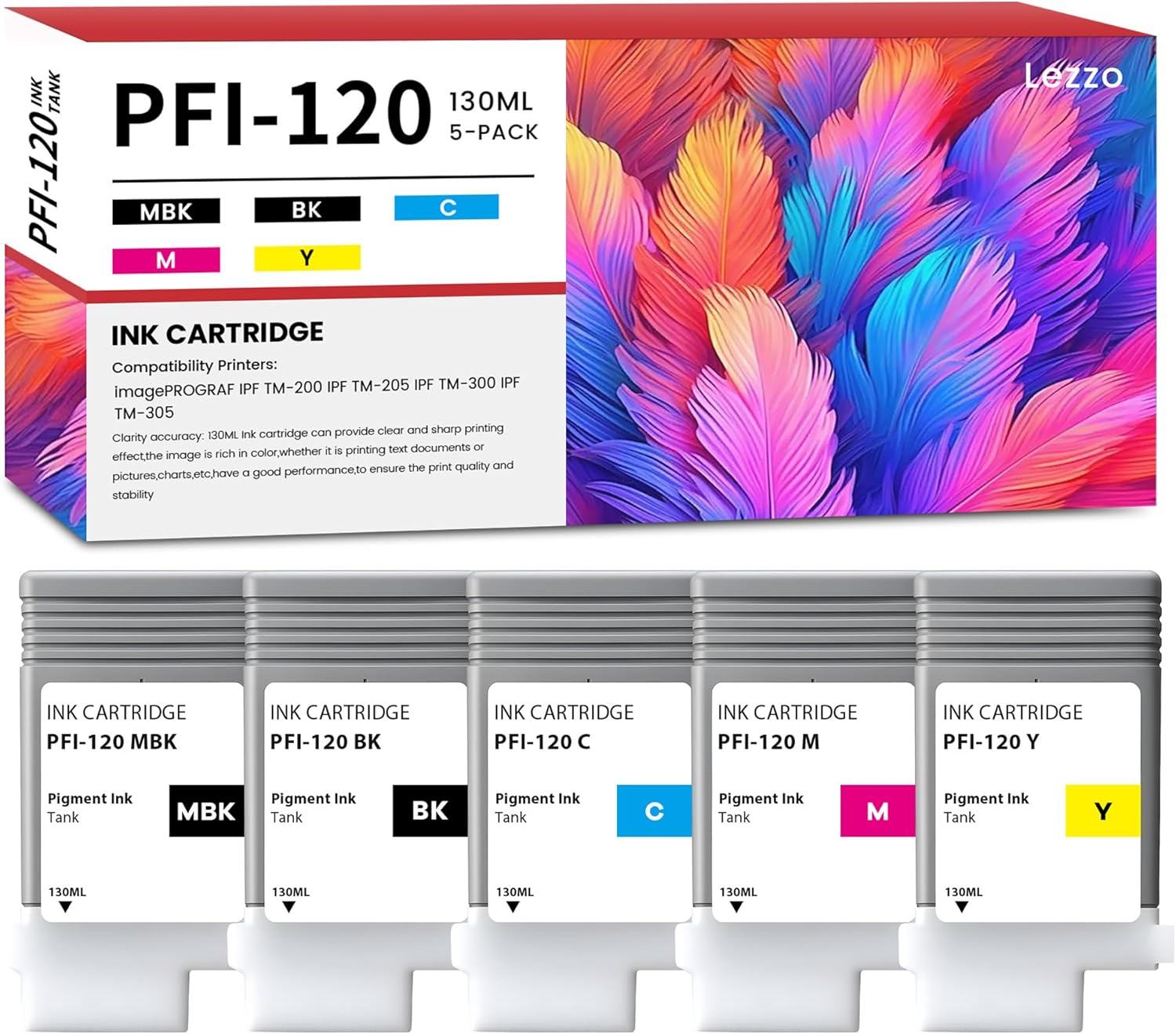 PFI-120 Ink Cartridge 130ml 5-Pack PFI-120MBK PFI-120BK PFI-120C PFI-120M PFI-120Y Ink Replacement for Canon PFI120 Ink for TM-200 TM-205 TM-300 IPF TM-305 Printer, PFI-120 Ink Tank Set (MBK/BK/C/M/Y)