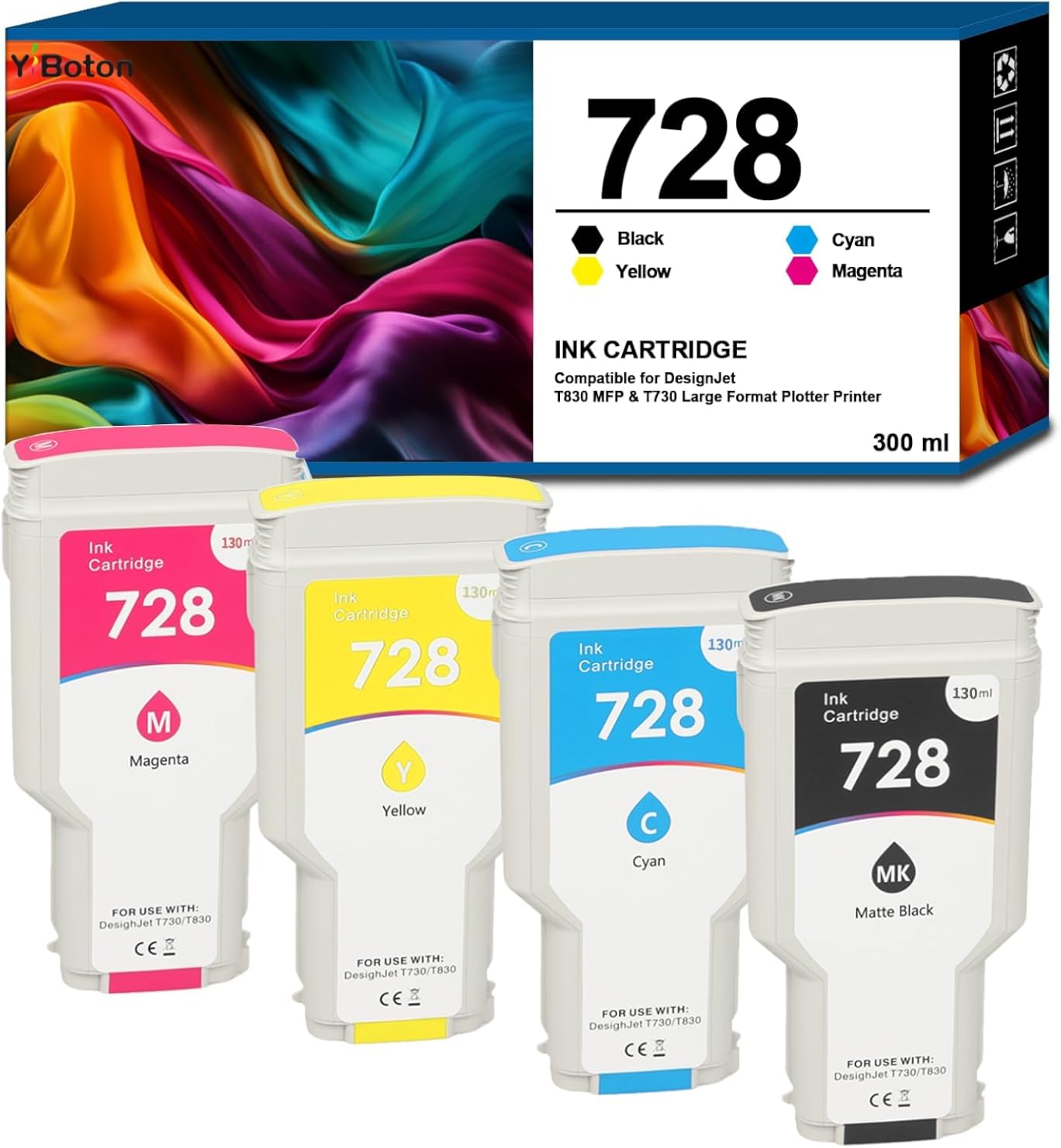 High Yield 728 728XL Ink Cartridge 4-Pack (F9J68A F9K17A F9K16A F9K15A) Replacement for HP DesignJet T730 T830 MFP Large Format Plotter Printers