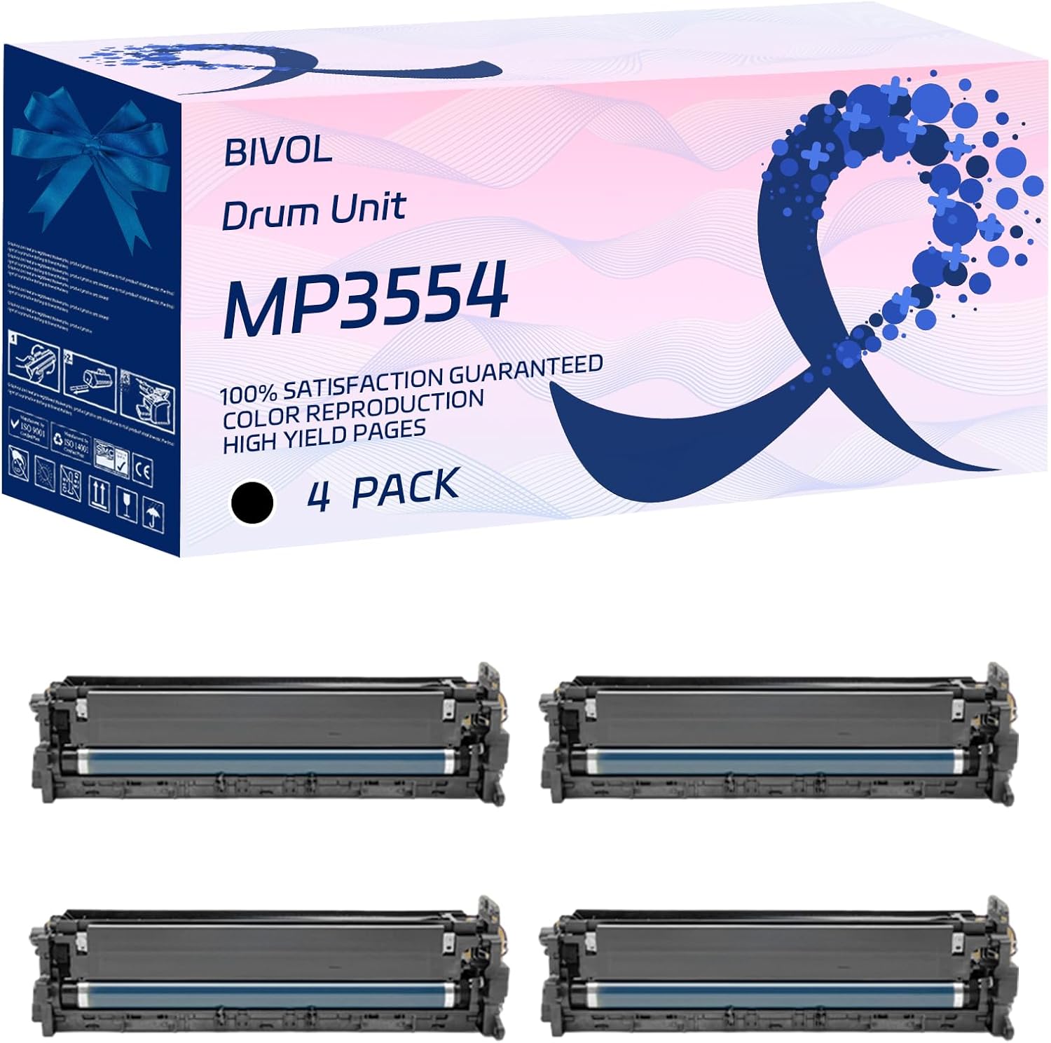 BIVOL MP3554 Drum Unit Compatible for Ricoh MP 4054SP 5054SP 6054SP Printers, with Chip, High Yield 100000 Pages, Vivid Colors (4 Pack Black)