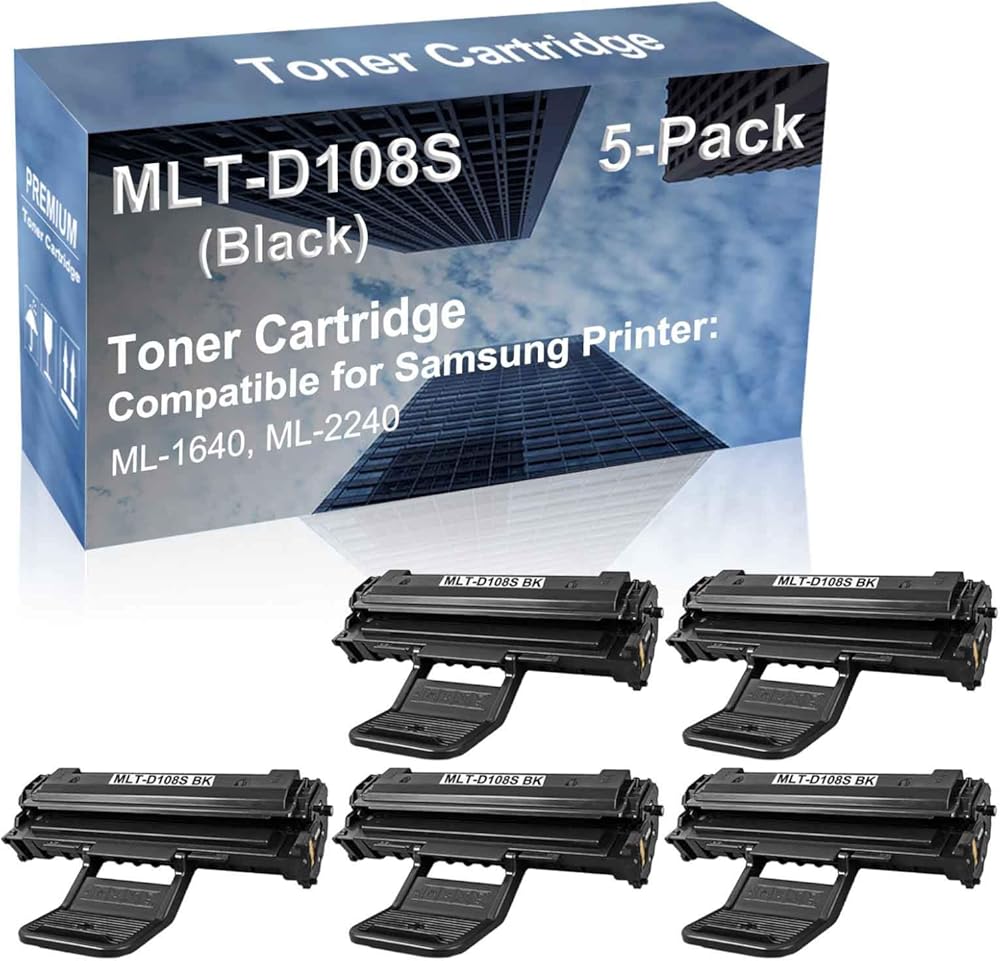 5-Pack Compatible High Yield ML-1640, ML-2240 Printer Cartridge Replacement for MLT-D108S Toner Cartridge (Black)