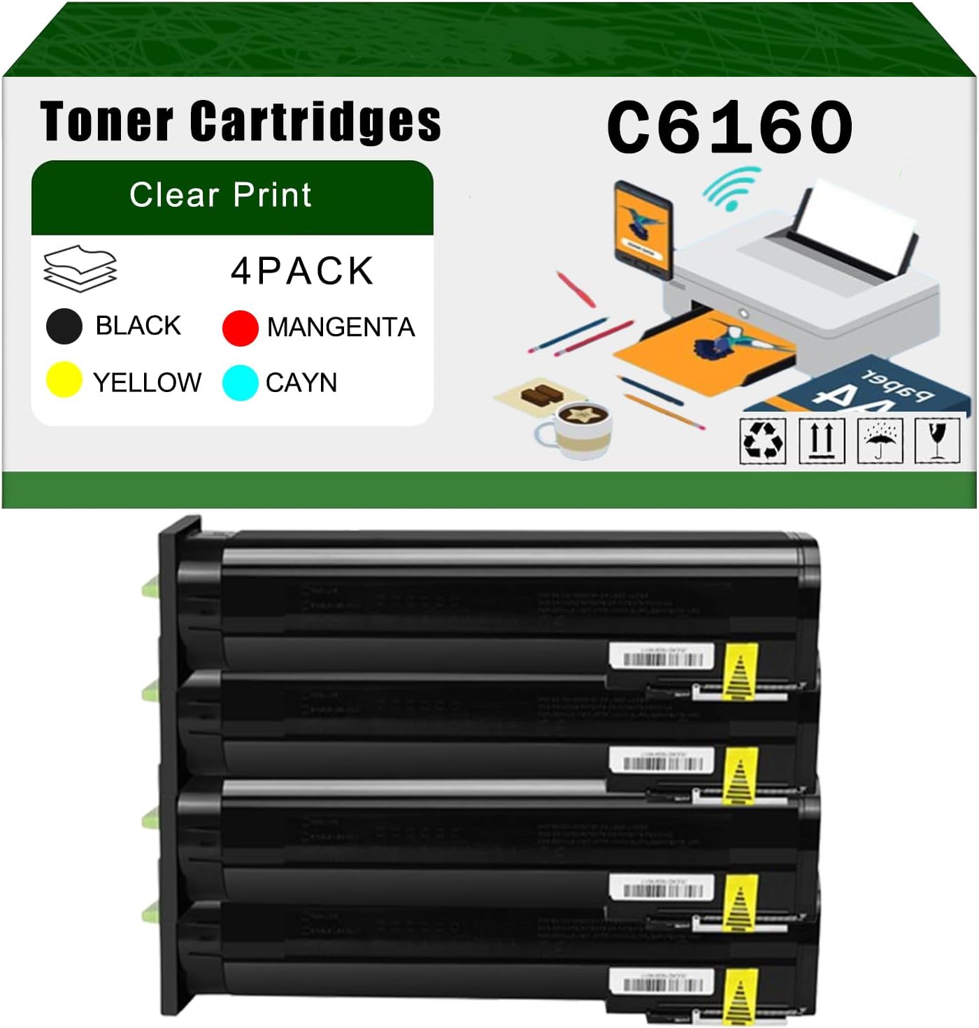 Compatible for Lexmark C6160 Toner Cartridges 24B5998 24B5995 24B5996 24B5997 C6160 C6160de Printers, High Yield 30000 Pages Bright Clear Colors (4-Pack BK/C/M/Y)