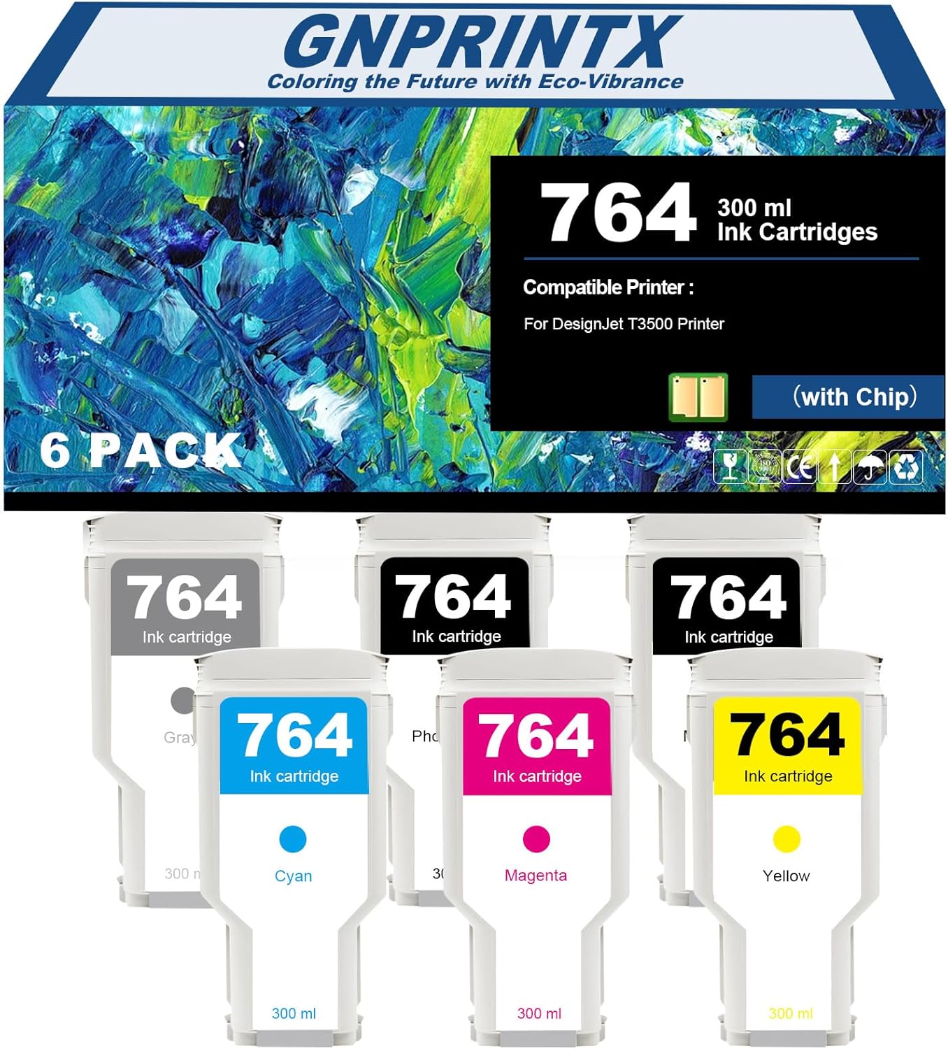 Gnprintx 764 Ink Cartridge Set C1Q16A C1Q17A C1Q18A C1Q13A C1Q14A C1Q15A Smart-Auto Ink Cartridge Compatible for DesignJet T3500 Printer (6 Pack, 300 ml