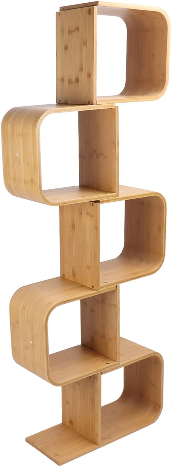Vomeko S Shaped Geometric Modern b amboo Bookshelf,S Shape Bookshelf, Large Space Modern Decorative Standing Bookcase Rack,for Home, Office, Living Room (5 Tier)