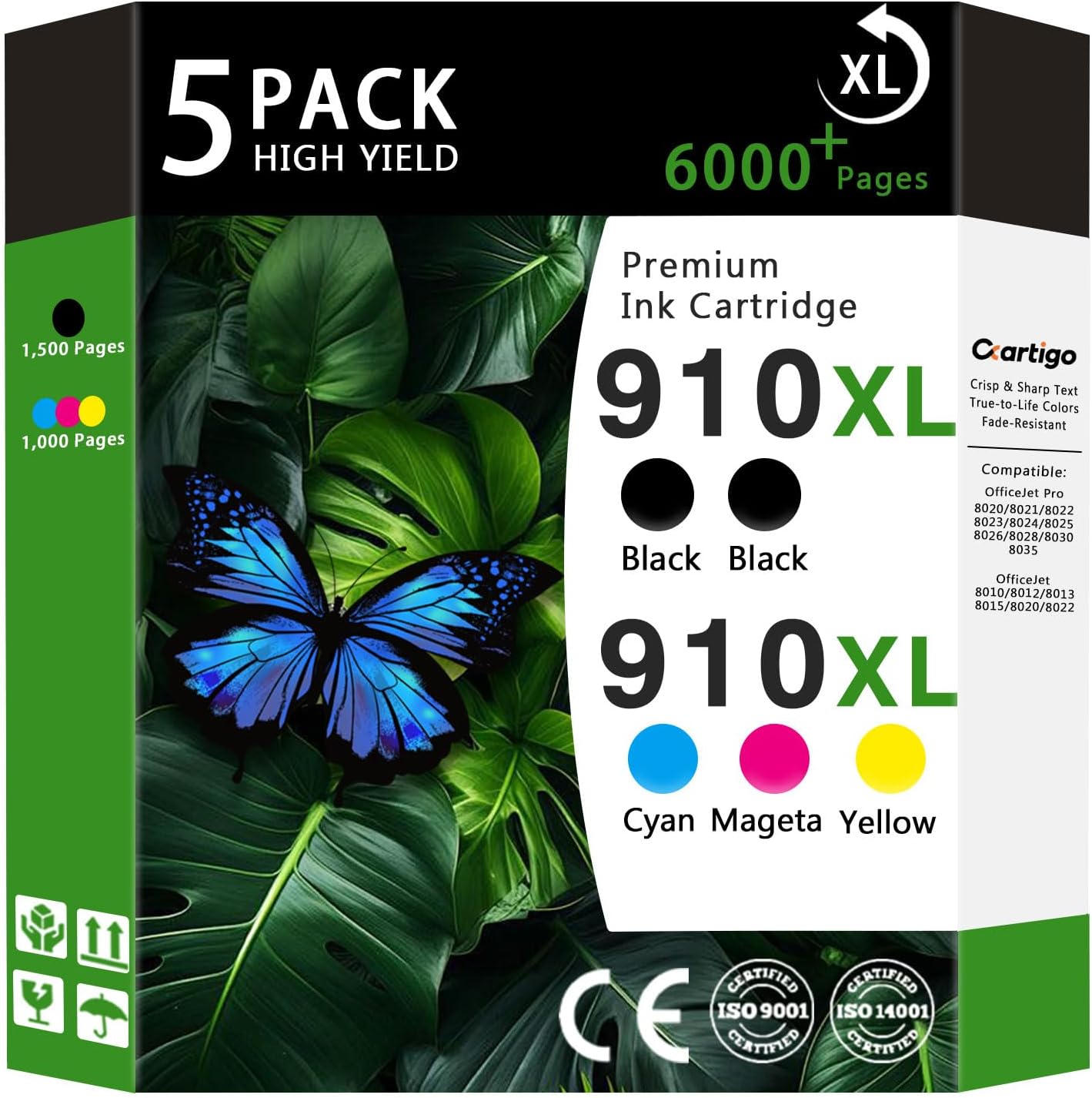 910XL High Yield Ink Cartridges Combo Pack (Black/Cyan/Magenta/Yellow 5-Pack) Compatible for HP 910XL HP910 HP910XL Replacement for Office Jet Pro 8020 8025 8028 8010 OfficeJet 8015 8022 Printers