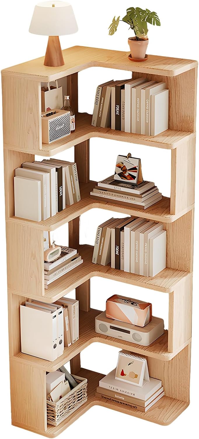WOOOFA Wood Corner Bookshelf, 5-Tier Corner Shelf, Corner Bookcase with Open Storage, for Book, Toy, CD, Collectibles, Space-Saving, Corner Shelf Unit for Living Room, Bedroom, Home Office