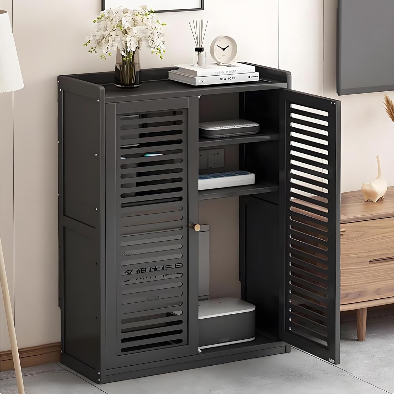 WiFi Router Hidden Box, Home Media Storage Cabinet, Floor Freestanding Cabinets Organizer, Invisible Storage Double-Deck Shelf for Home and Office (Black, 23.2 * 9.8 * 32.3in)