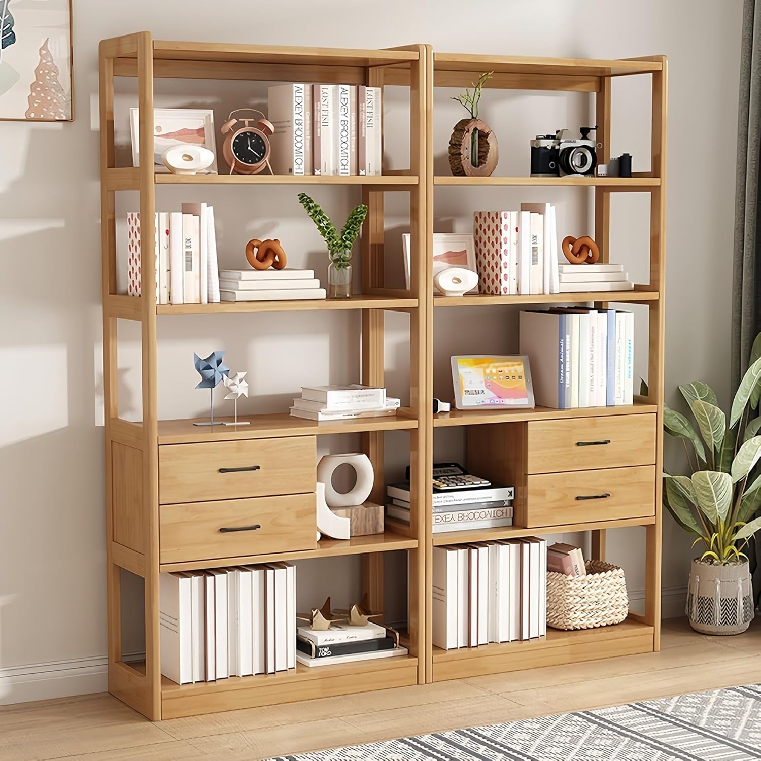 FUKEFUZ 6-Tier Tall Etagere Bookcase with Configurable Drawer, Solid Rubberwood Open Shelving Unit for Living Room Display, Free Standing Vertical Storage Organizer(Natural,T8*2)