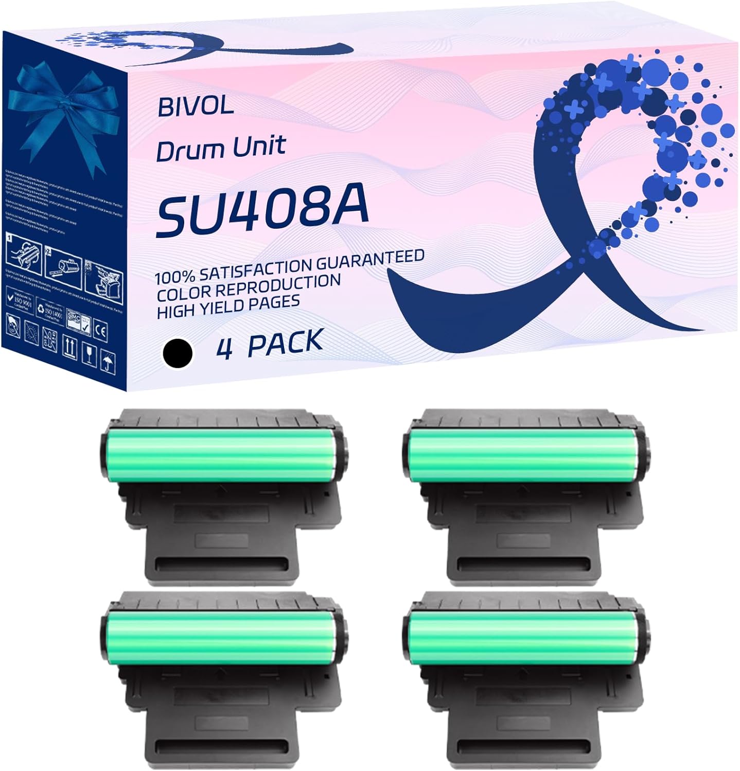 SU408A Drum Unit Compatible for Samsung CLP-325W CLX-3180 CLX-3185 Printers, with Chip, High Yield 34000 Pages, Vivid Colors (4 Pack Black)