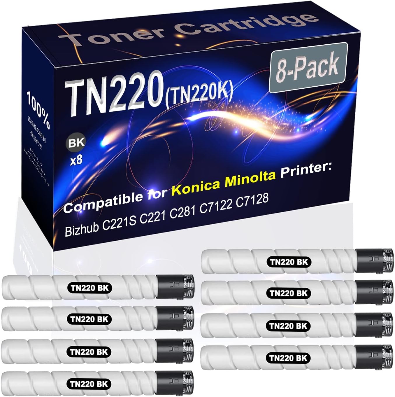 8-Pack (Black) Compatible TN220 TN-220 TN220K Printer Toner Cartridge (High Capacity) fit for Konica Minolta Bizhub C221S C221 C281 C7122 C7128 Printer