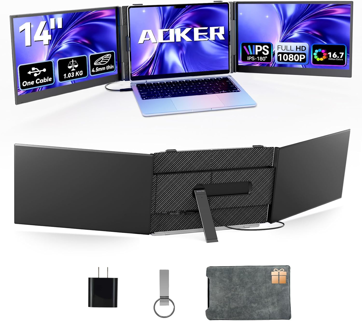 One Cable Connection Triple Laptop Screen Extender - Ultra Thin 14