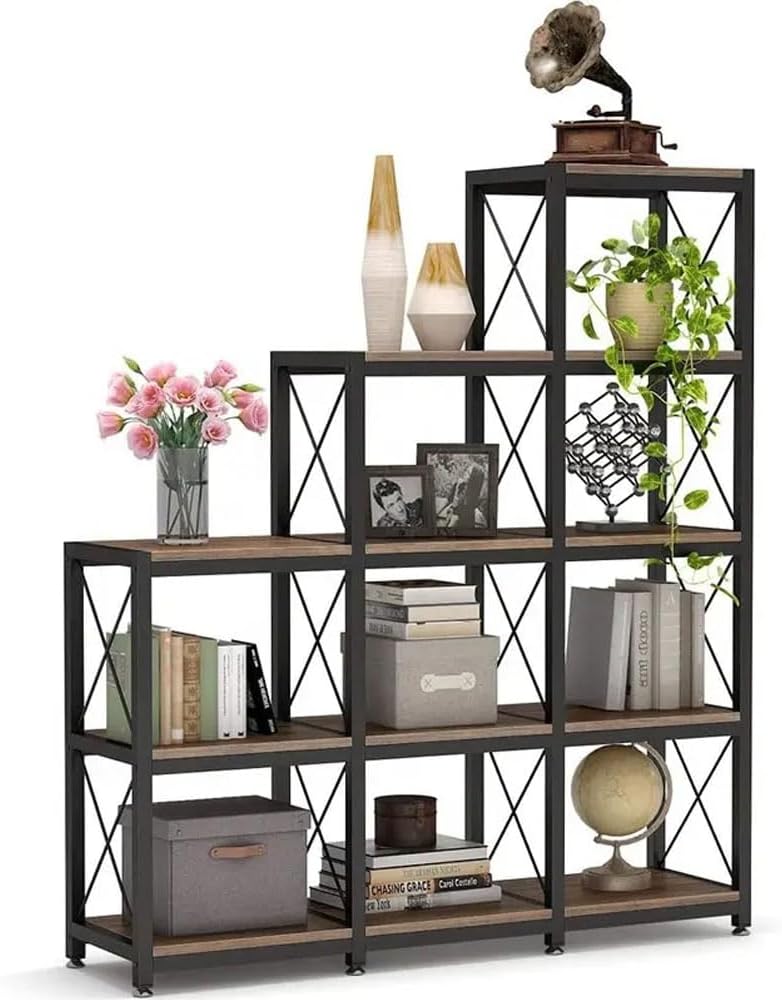 5-Tier Stepped Bookcase, 9-Cube With Carbon Steel Frame, Easy To Assemble Anti-Tipping Kits & Adjustable Foot Pads, Save Space 12 Shelves Storage Open Display Shelf, for Home Office (Brown)