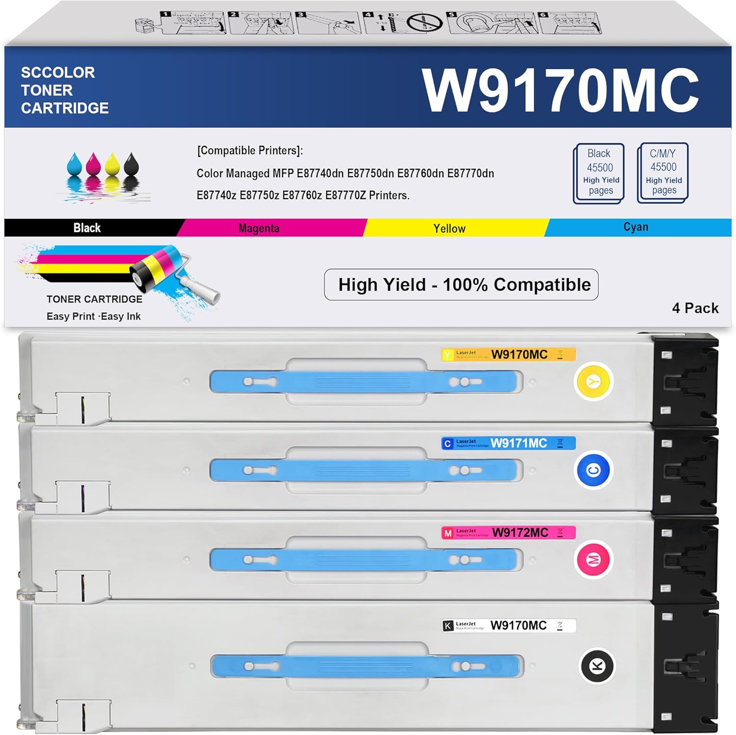 W9170MC Toner Cartridge Compatible W9170MC W9171MC W9172MC W9173MC Toner Cartridge Replacement for Color Managed MFP E87740dn E87750dn E87760dn E87770dn E87740z E87750z E87760z E87770Z Printers