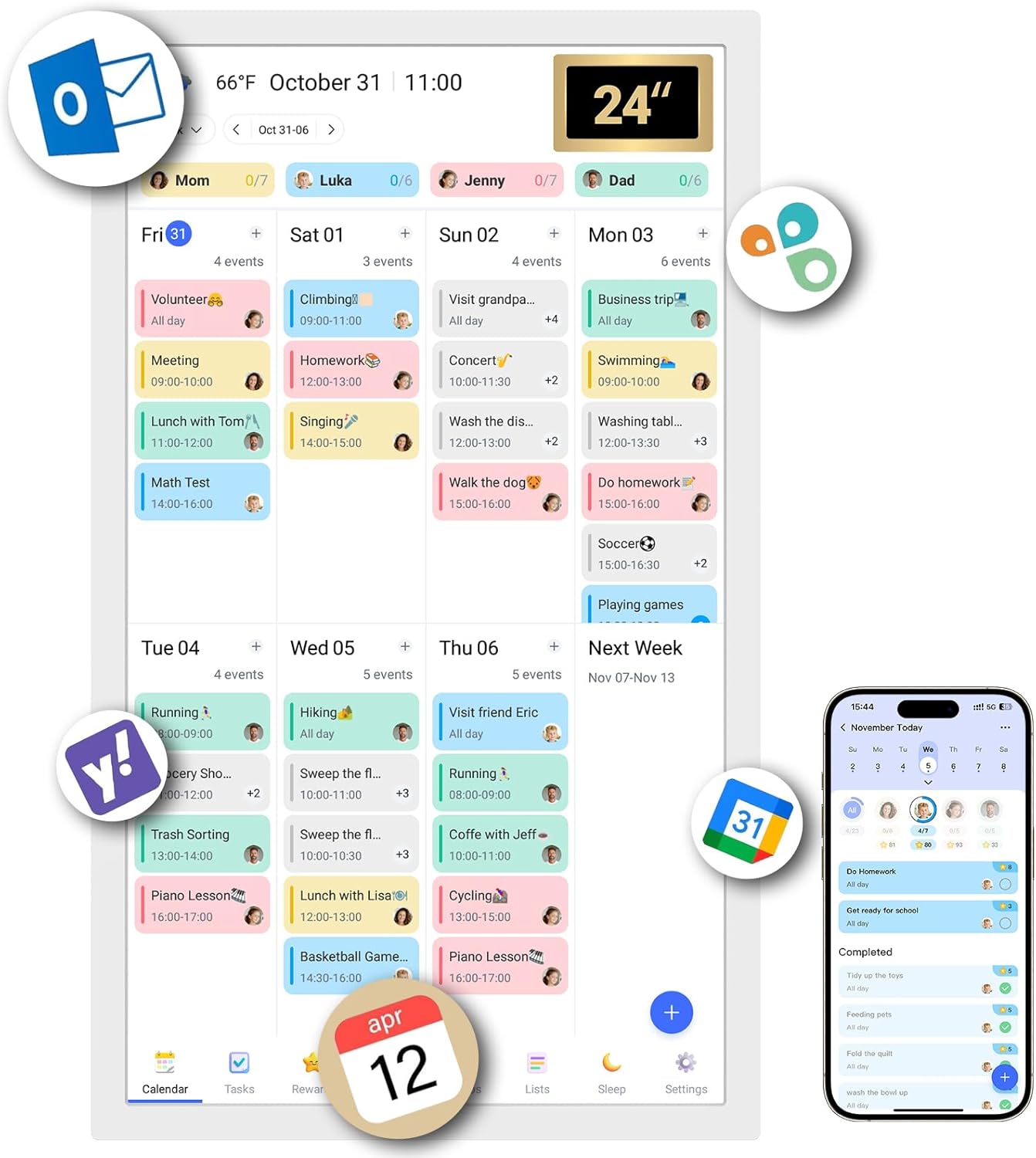 BSIMB 24 Inch Digital Calendar Wall Touch Screen - Chore Chart, Meal Planner, Rewards System, Photo Display, Smart Electronic Calendar Interactive Hearth Display for Family Schedules, Seamless Scheduling White