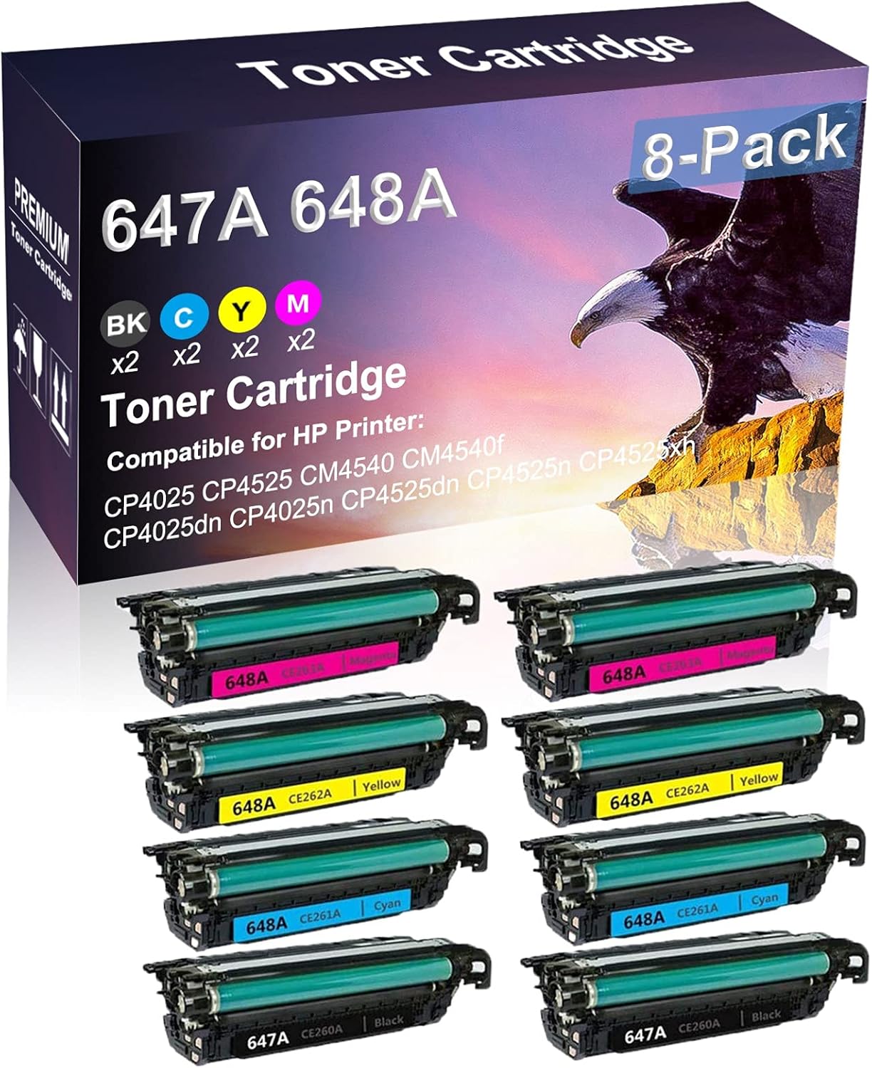 8 Pack (2BK+2C+2Y+2M) Compatible 647A 648A | CE260A CE261A CE262A CE263A Laser Printer Toner Cartridge use for HP CM4540f CP4025dn CP4025n Printer(High Capacity)
