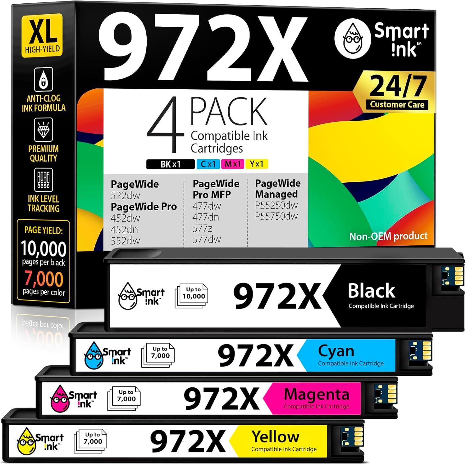 Smart Ink Compatible Ink Cartridges Replacement for HP 972X 972 X (4 Pack Combo) to use with PageWide Pro 477dw 577dw 452dw 477dn 452dn 577z 552dw P55250dw Printers (Black & Cyan Magenta Yellow)