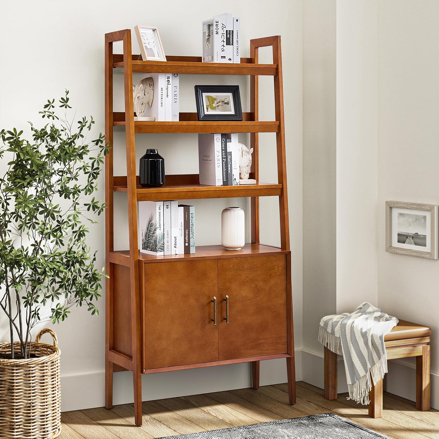 HULALA HOME Wood Ladder Shelf Bookcase with Doors & 3 Open Shelves, 34