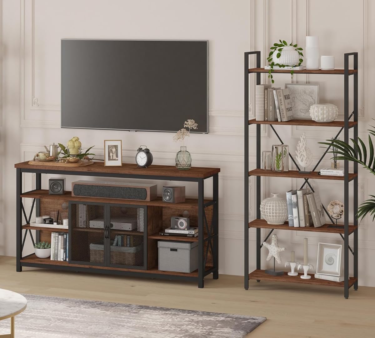 BON AUGURE Industrial 5 Tier Etagere Bookcases with Industrial Entertainment Center for Living Room and Bedroom, Rustic Wood and Metal Furniture (Rustic Oak)