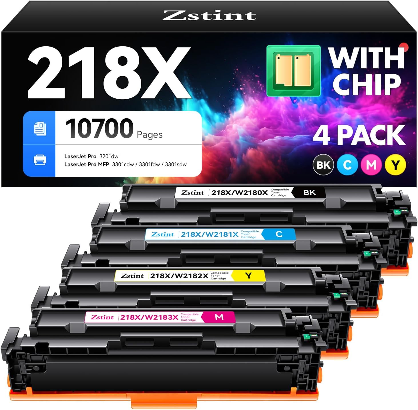 218X Toner Cartridge 4-Pack High Yield with Chip Replacement for HP 218X 218A Toner Compatible with HP Color Laserjet Pro MFP 3301cdw 3301fdw 3301sdw 3201dw Printer W2180X Black Cyan Magenta Yellow
