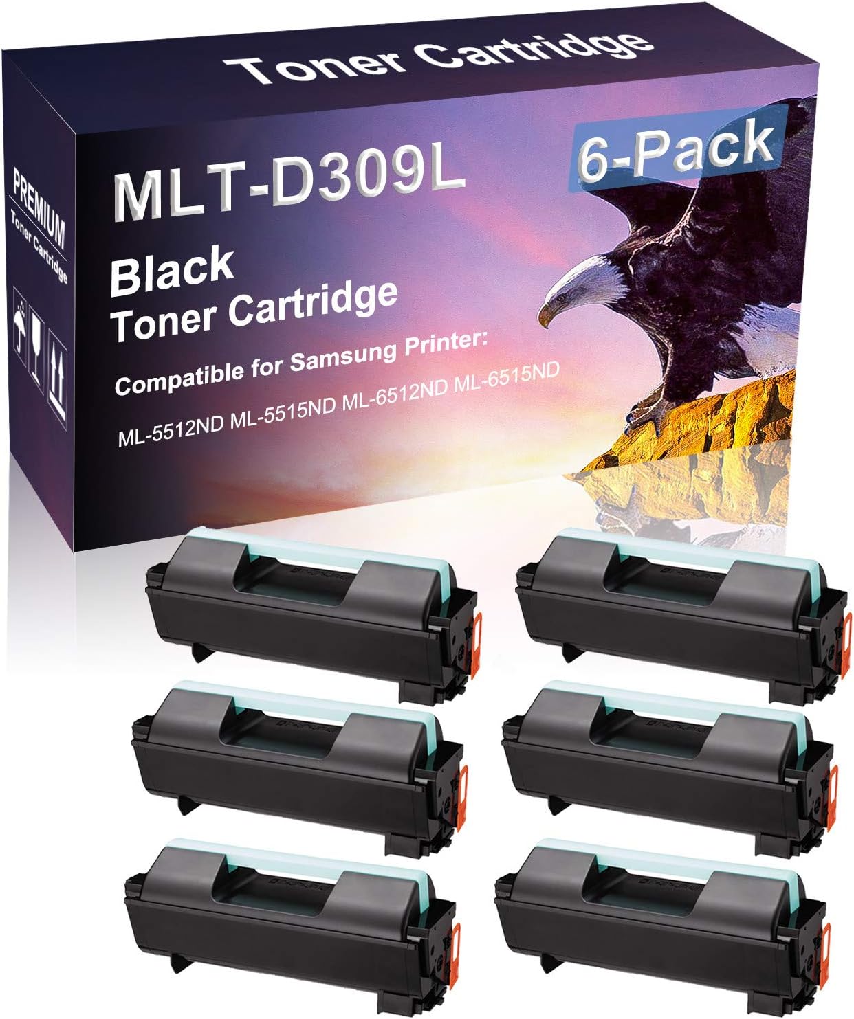 6 Pack (Black) Compatible Laser Printer Cartridge (High Yield) Replacement for Samsung D309L MLT-D309L Imaging Cartridge use for Samsung ML-5512ND ML-5515ND ML-6512ND ML-6515ND Printer