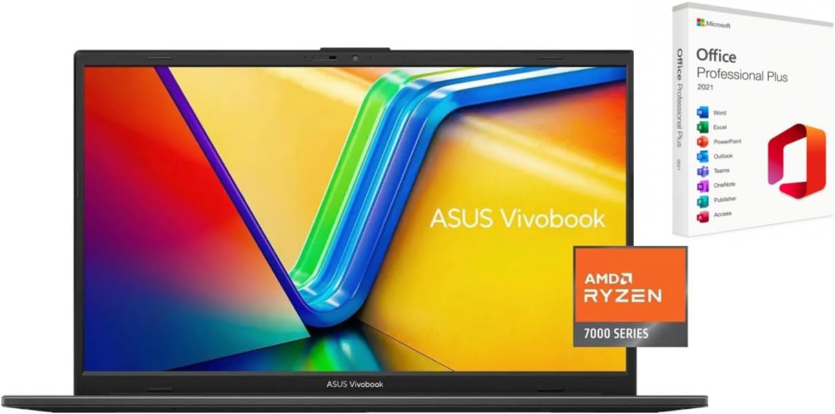 ASUS Vivobook Go 15.6” FHD Slim Laptop |AMD Ryzen 3 7320U(Beat i3-1315U)| AMD Radeon Graphics |Webcam |WiFi|Black| 8GB RAM DDR5 | 1024GB SSD |Windows 11 Pro |Bundle with Microsoft Office 2021