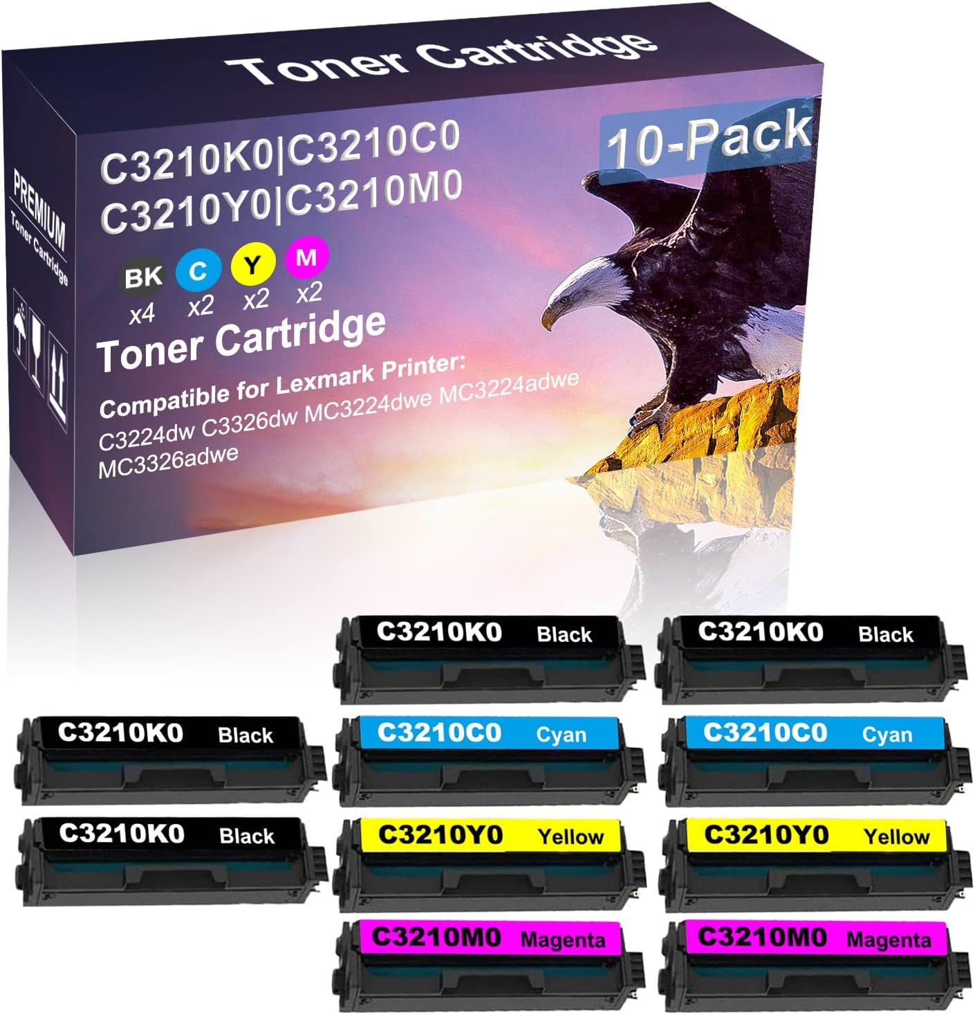 Credibility Store 10-Pack (4BK+2C+2Y+2M) Compatible High Capacity C3210K0+ C3210C0+ C3210Y0+ C3210M0 Toner Cartridge Used for C3224dw C3326dw Printer