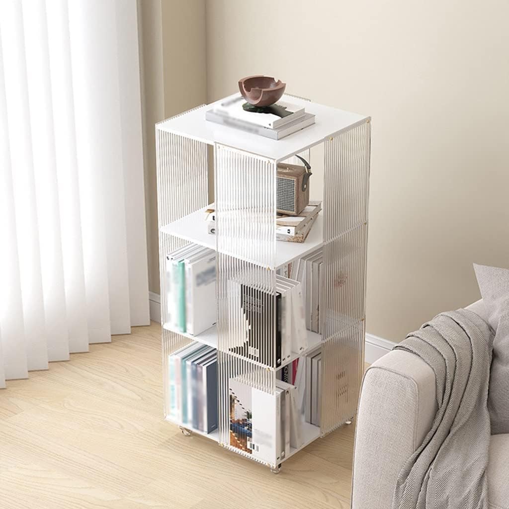 SAAKO Flexible Bookcases 360° Rolling Bookcase with Wheels Clear Acrylic Rotating Bookshelf Removable Book Rack 4 Tiers Bookshelf Organizer Perfect Furniture