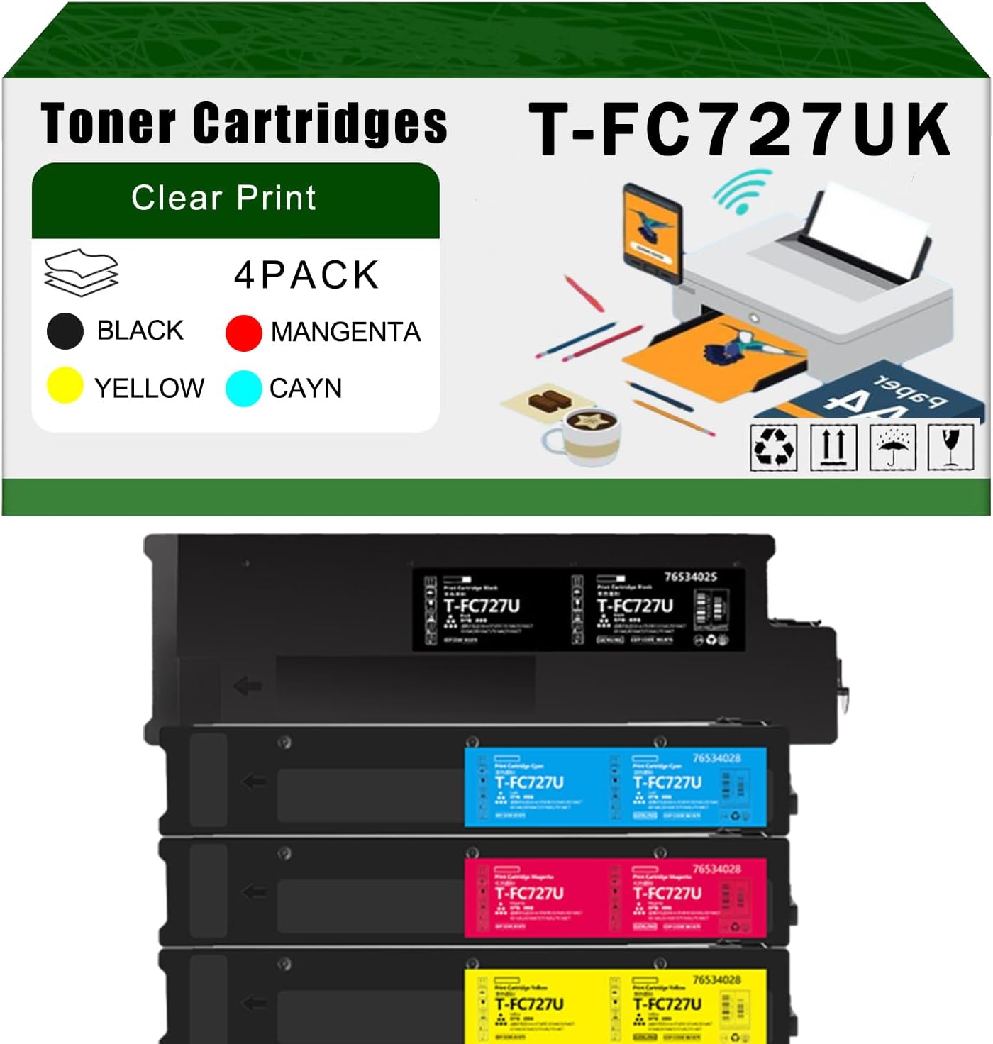 AGNNQ Compatible for Toshiba T-FC727UK Toner Cartridges E-Studio 6527AC 7527AC Printers, High Yield 200600 Pages Bright Clear Colors (4-Pack BK/C/M/Y)