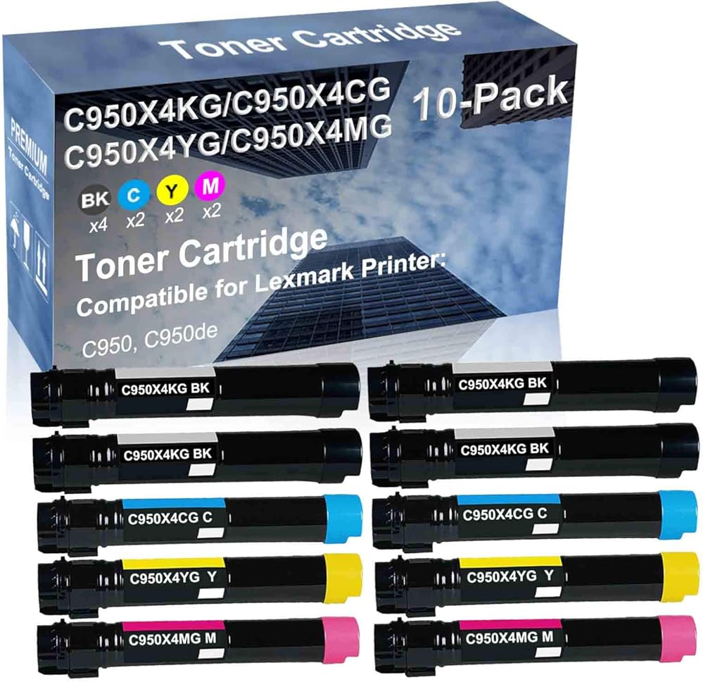 10-Pack (4BK+2C+2Y+2M) Compatible High Yield C950X4KG+ C950X4CG+ C950X4YG+ C950X4MG Laser Printer Toner Cartridge Used for Lexmark C950, C950de Printer