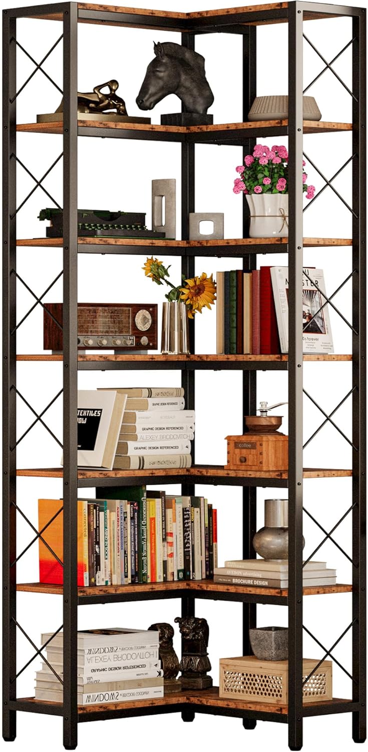 IRONCK Corner Bookshelf, 7-Tier Industrial Corner Bookcase, Tall Corner Shelf Storage Display Rack with Metal Frame for Living Room Home Office, Vintage Brown