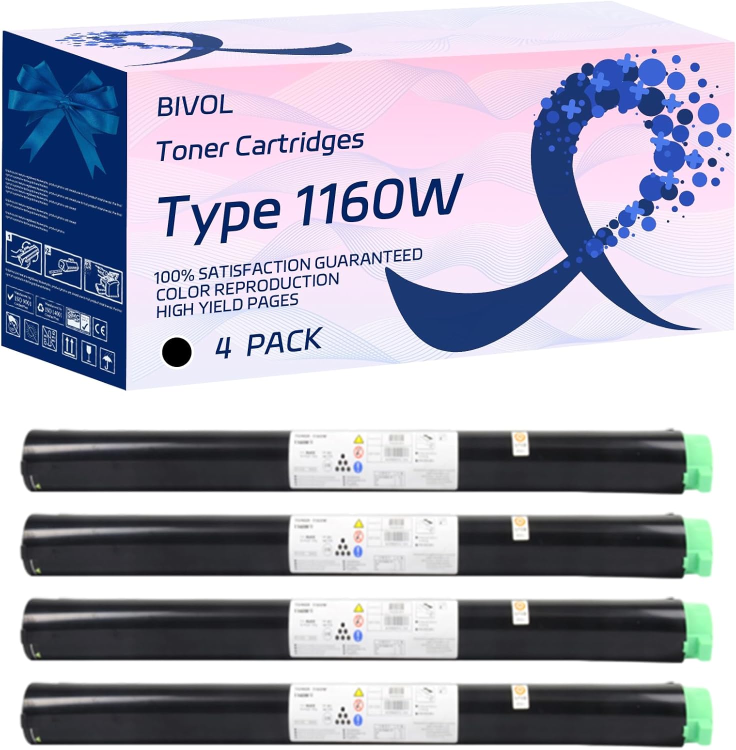 BIVOL Type 1160W Toner Cartridges Compatible for Ricoh Aficio 240W Aficio 470W 480W FW240 Printers, with Chip, High Yield 3200 Pages, Vivid Colors (4 Pack Black)