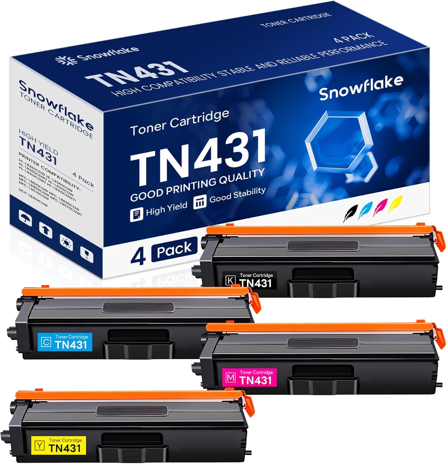 TN-431 TN431 Toner Cartridge 4-Pack Compatible TN431BK TN431C TN431M TN431Y Replacement for Brother TN431 TN-431 MFC-L8900CDW MFC-L8610CDW MFC-L9570CDW HL-L8360CDW Printer .