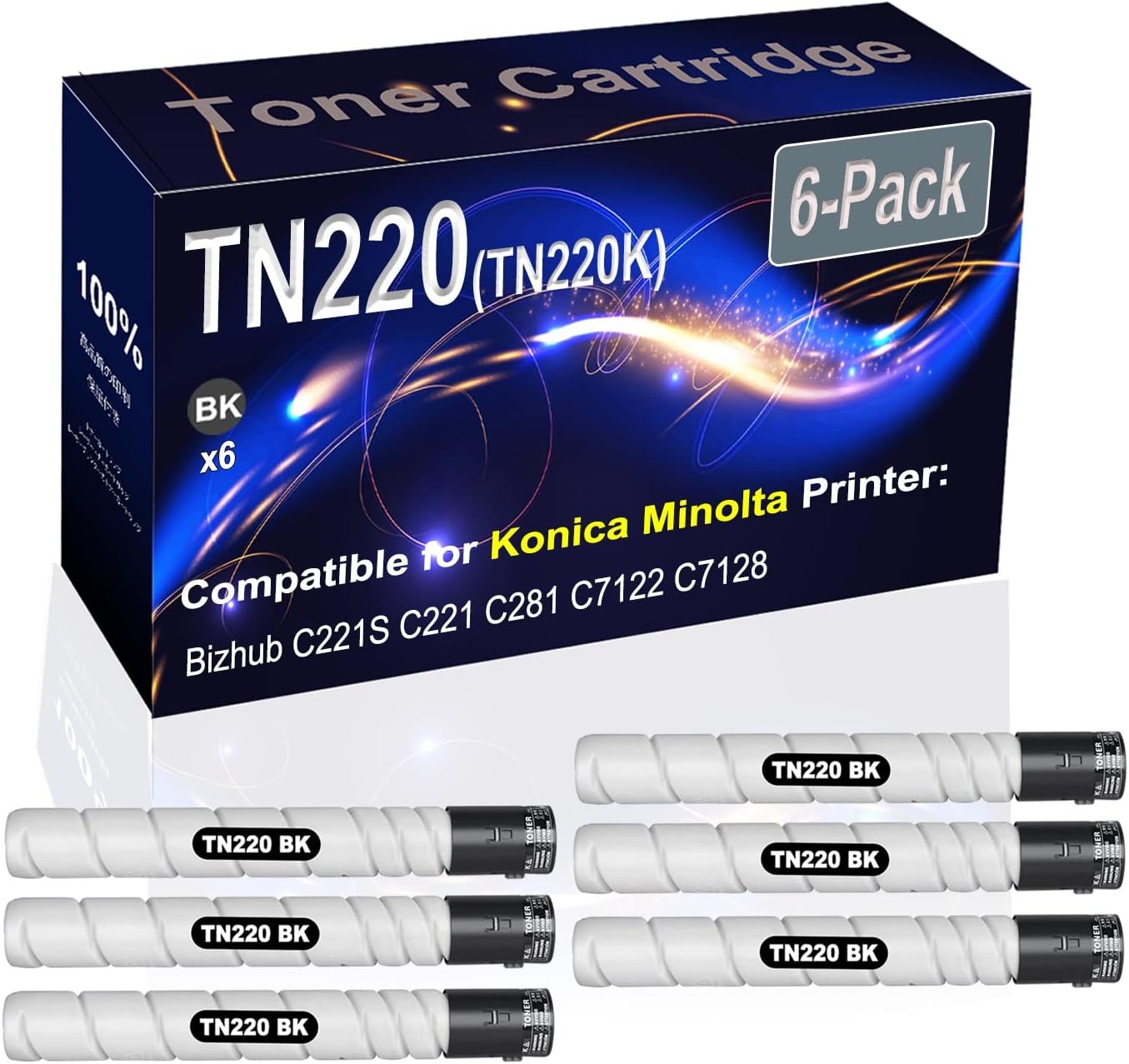 6-Pack (Black) Compatible TN220 TN-220 TN220K Printer Toner Cartridge (High Capacity) fit for Konica Minolta Bizhub C221S C221 C281 C7122 C7128 Printer
