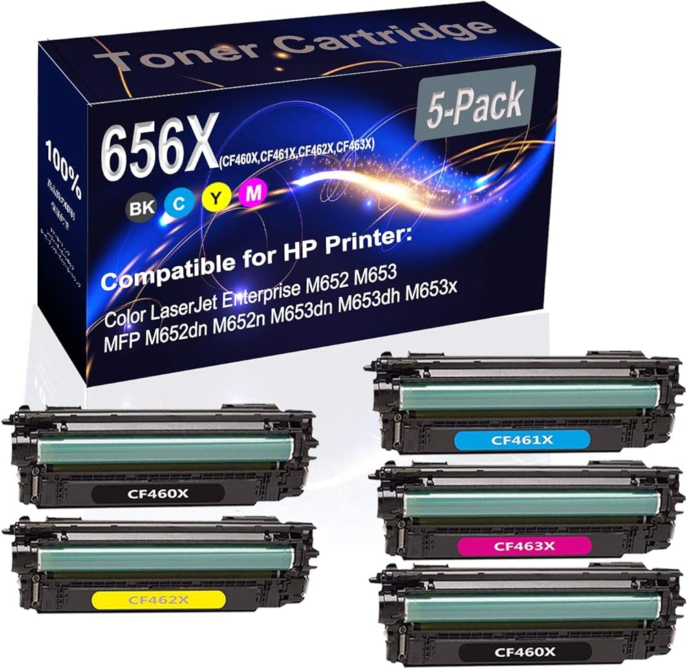 5-Pack (2BK+C+Y+M) Compatible M652 M653 Laser Toner Cartridge (High Capacity) Replacement for HP 656X (CF460X CF461X CF462X CF463X) Printer Toner Cartridge