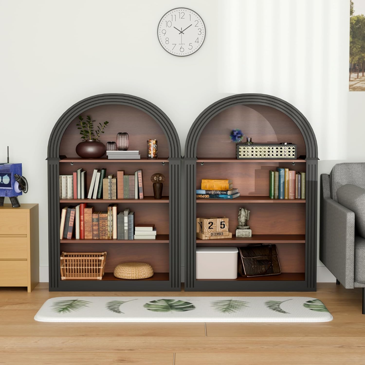 KEIKI Small Arched Bookcase Set of 2, Modern 4-Tier Wood Bookshelf, Low Floor Standing Display Shelf for Books and Decor, Black