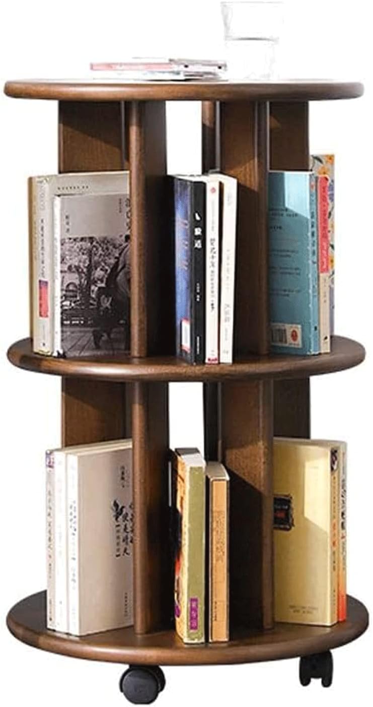 PAASHE Round Bookshelf 2 Tiers Simple Bookcase Solid Wood Bookshelves with 360°Swivel Pulleys Rack Bookcase Large Space Storage