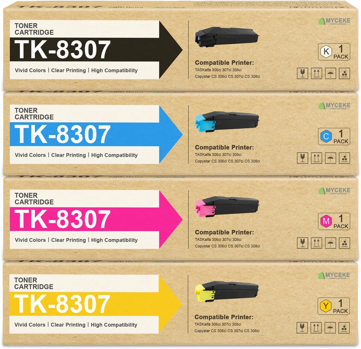 4 Pack TK-8307 Toner Cartridges : TK8307 TK 8307 Replacement Toner Cartridge for Kyocera TASKalfa 3050ci 3051ci 3551ci Copystar CS-3050ci CS-3051ci CS-3551ci Printer (Black Cyan Magenta Yellow )