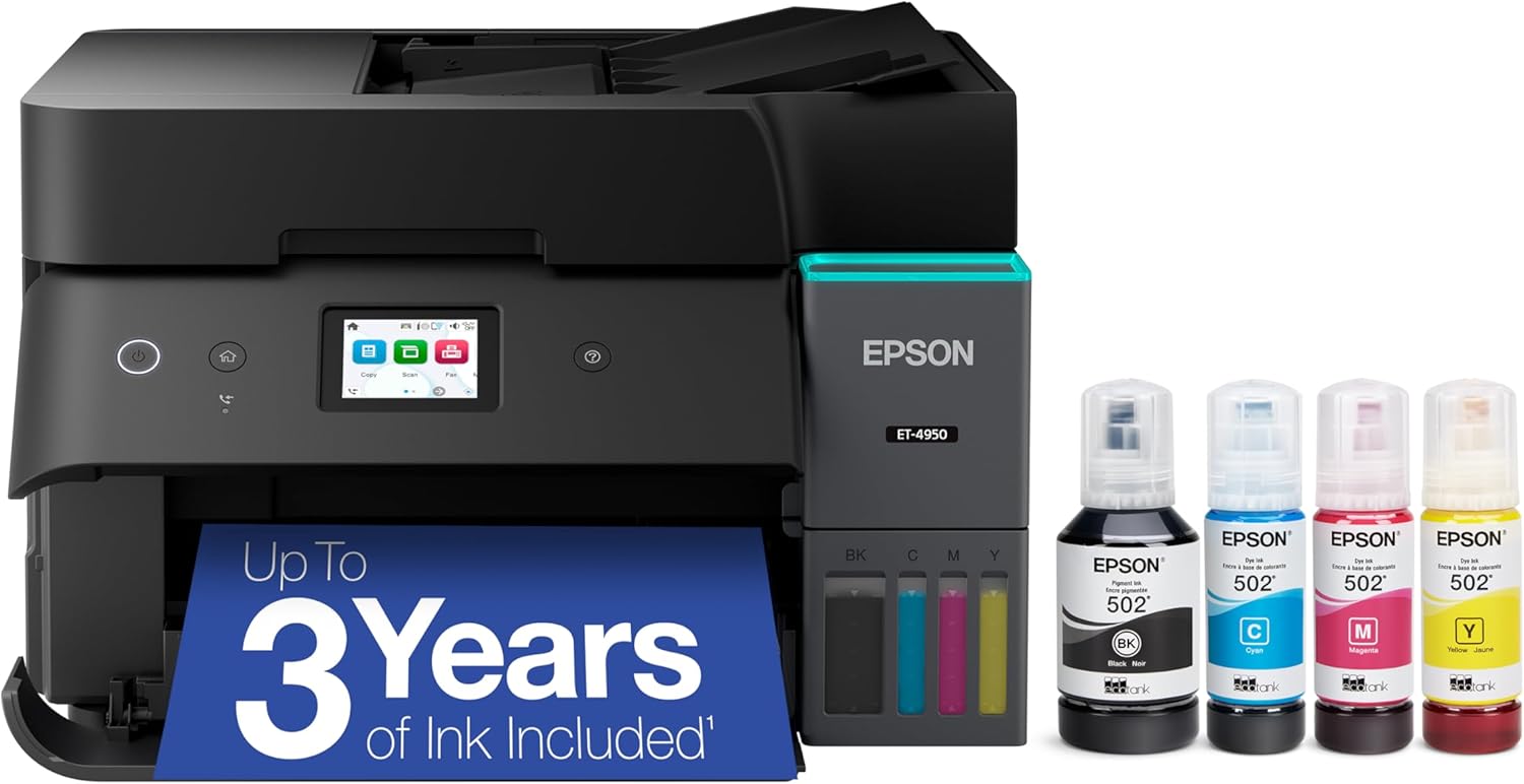 Epson EcoTank ET-4950 Wireless All-in-One Color Supertank Printer with up to 3 Years of Ink Refillable Tanks, Perfect for Home, 18 PPM, 2.4' Colorful Touchscreen, Auto Document Feeder - Black