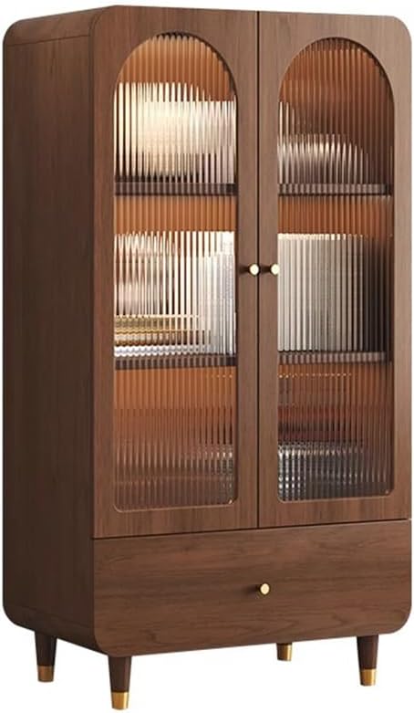 LITFAD Wood Bookcase Medieval Style Bookshelves with 1 Drawer, Glass Doors Display Cabinets, Closed Back Storage Cabinet for Home Office Study Room Library, Brown 31.5