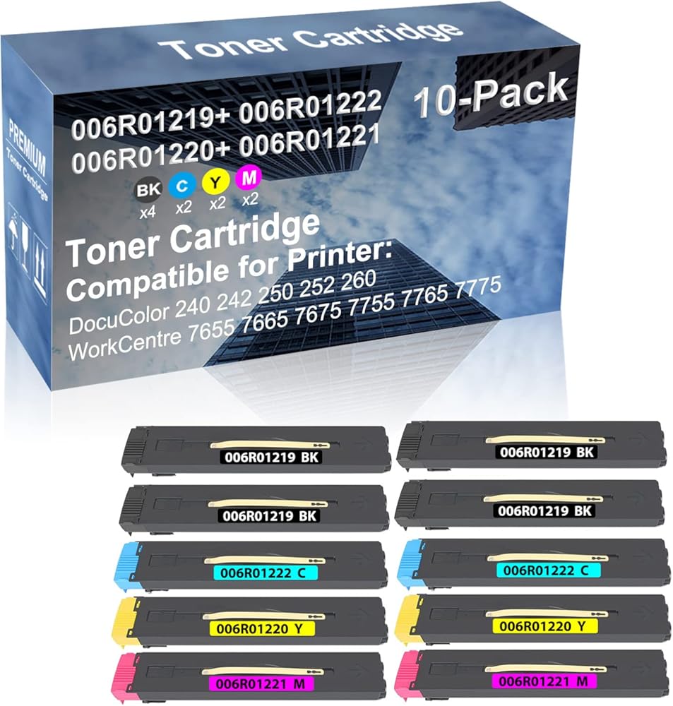 10-Pack (4BK+2C+2Y+2M) Compatible High Capacity 006R01219+ 006R01222+ 006R01220+ 006R01221 Toner Cartridge use for DocuColor 240 242 250 252 260 Printer