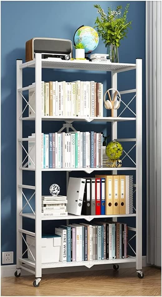 Modern Open Bookshelf 5 Tiers Folding Bookshelf Simple Floor Living Room Wrought Iron Desk Bookcase Home Storage Bookshelves Multifunctional Display Stand ( Color : White , Size : 72*36*162cm )