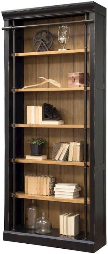 Starlight 8-Foot Tall Wood Bookcase, Storage, 4 Adjustable Shelves, 1 Fixed Shelf, Ringed Steel Frame, Hand Applied Finish, Black Library