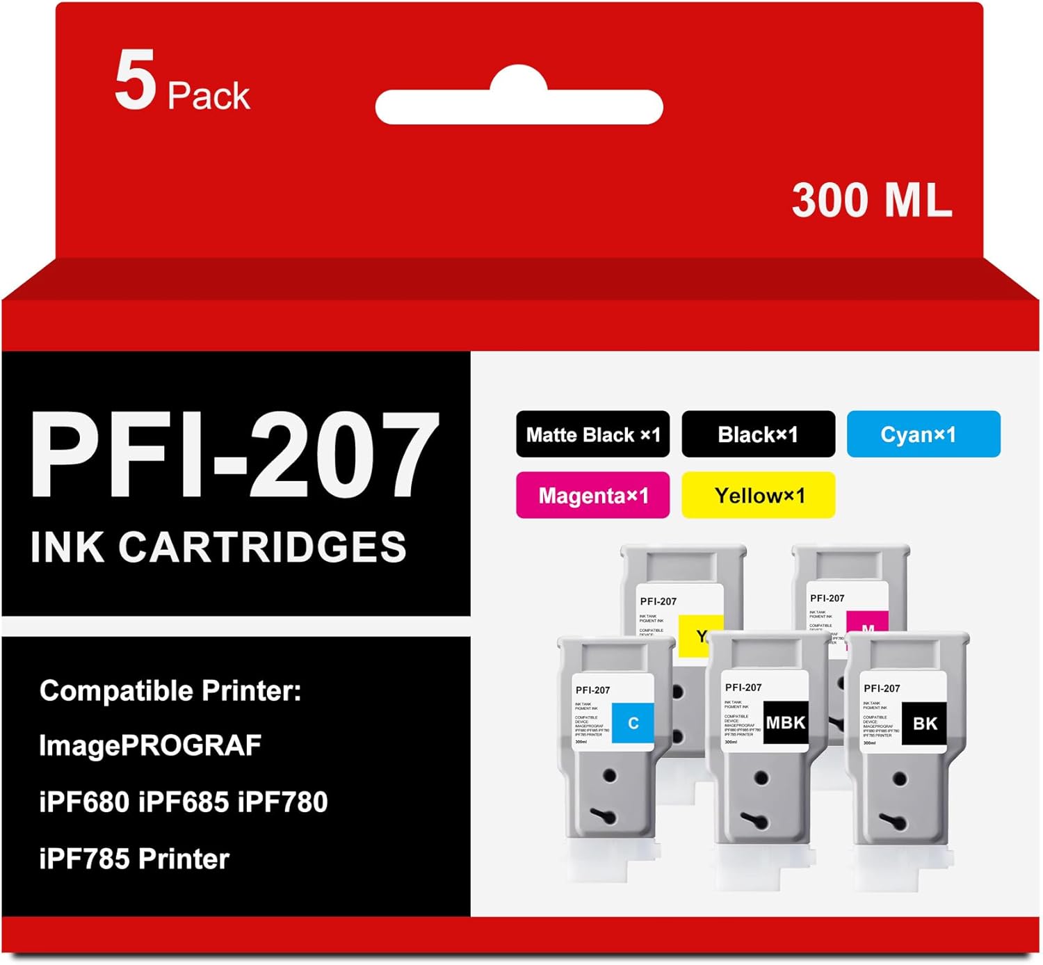 Junnchee PFI-207 Ink Tank 300ml Replacement for Canon PFI207 PFI-207MBK PFI-207BK PFI-207C PFI-207M PFI-207Y Ink Cartridge for ImagePROGRAF IPF680 IPF685 IPF780 IPF785 Printer (5-Pack, BK/MBK/C/Y/M)