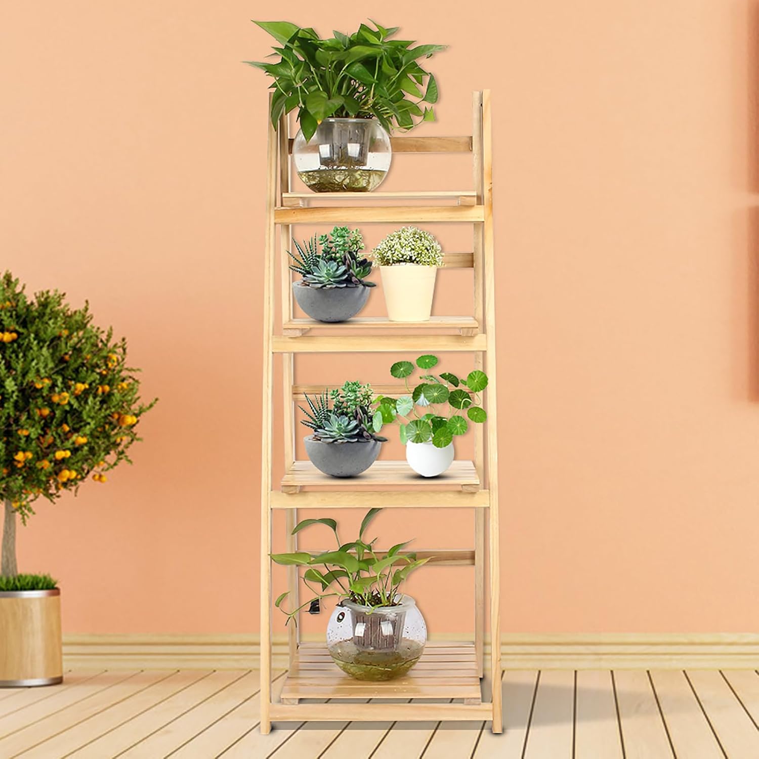 Airshi Ladder Shelf 4 Tires Folding Flower Stand Wooden Ladder Shelving Display Rack Bookcase Office Home Balcony (Nature Wood Color)