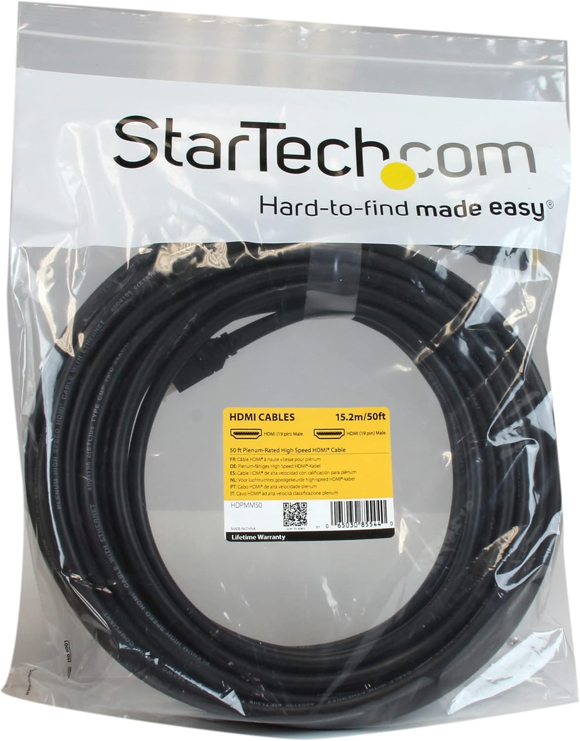StarTech.com 50ft Plenum Rated HDMI Cable, 4K High Speed Long HDMI Cord w/ Ethernet, 4K30 UHD, 10.2 Gbps, HDCP 1.4, In Wall Plenum HDMI 1.4 Display Cable, HDMI to HDMI Computer to TV Cable (HDPMM50)