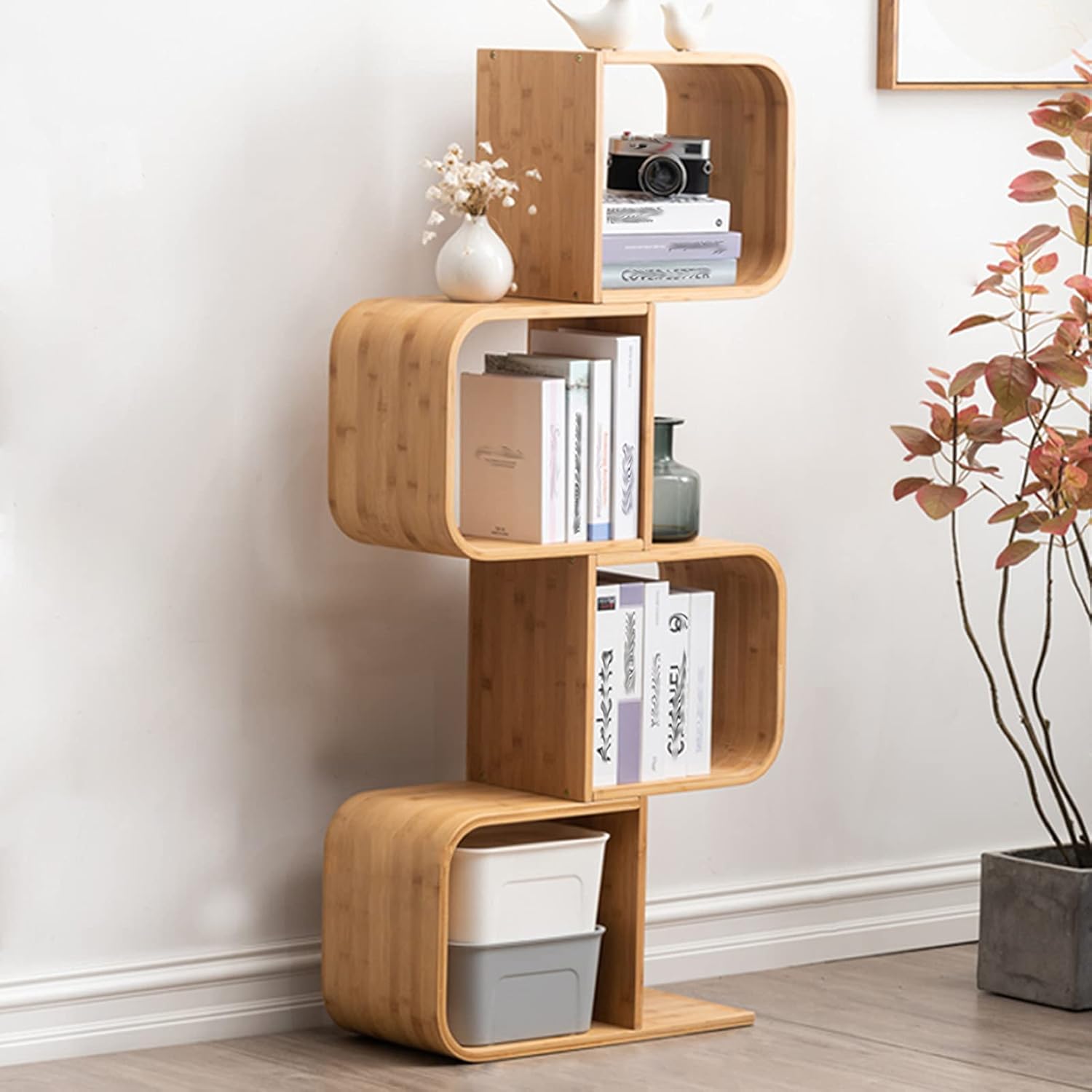 WUHUQN Bamboo Wood Bookcases, Contemporary Design S-Shaped Storage, Office Bookcase, Home Book Storage Organizer Shelves, for Books/CDs/Albums Etc, 56×23×132cm/22×9×52in