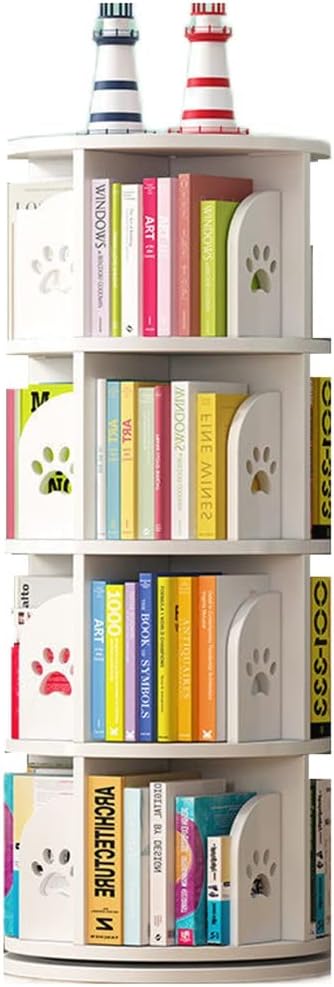 Round Rotating Bookshelf Bookcase with Footprint Pattern 3/4/5-Shelf with Dolphin Motif Home High-Density Bookcase Office, Living Room Bedroom - Corner Shelf Easy Assembly