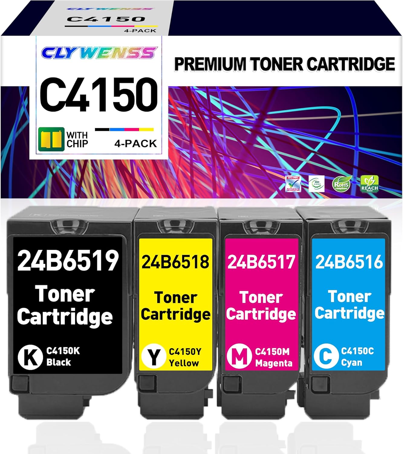 CLYWENSS C4150 High Yield Toner Cartridge Replacement for Lexmark 24B6516 24B6517 24B6518 24B6519 for Lexmark C4150 Printer - 1,6000 Pages (Black Cyan Magenta Yellow, 4-Pack)